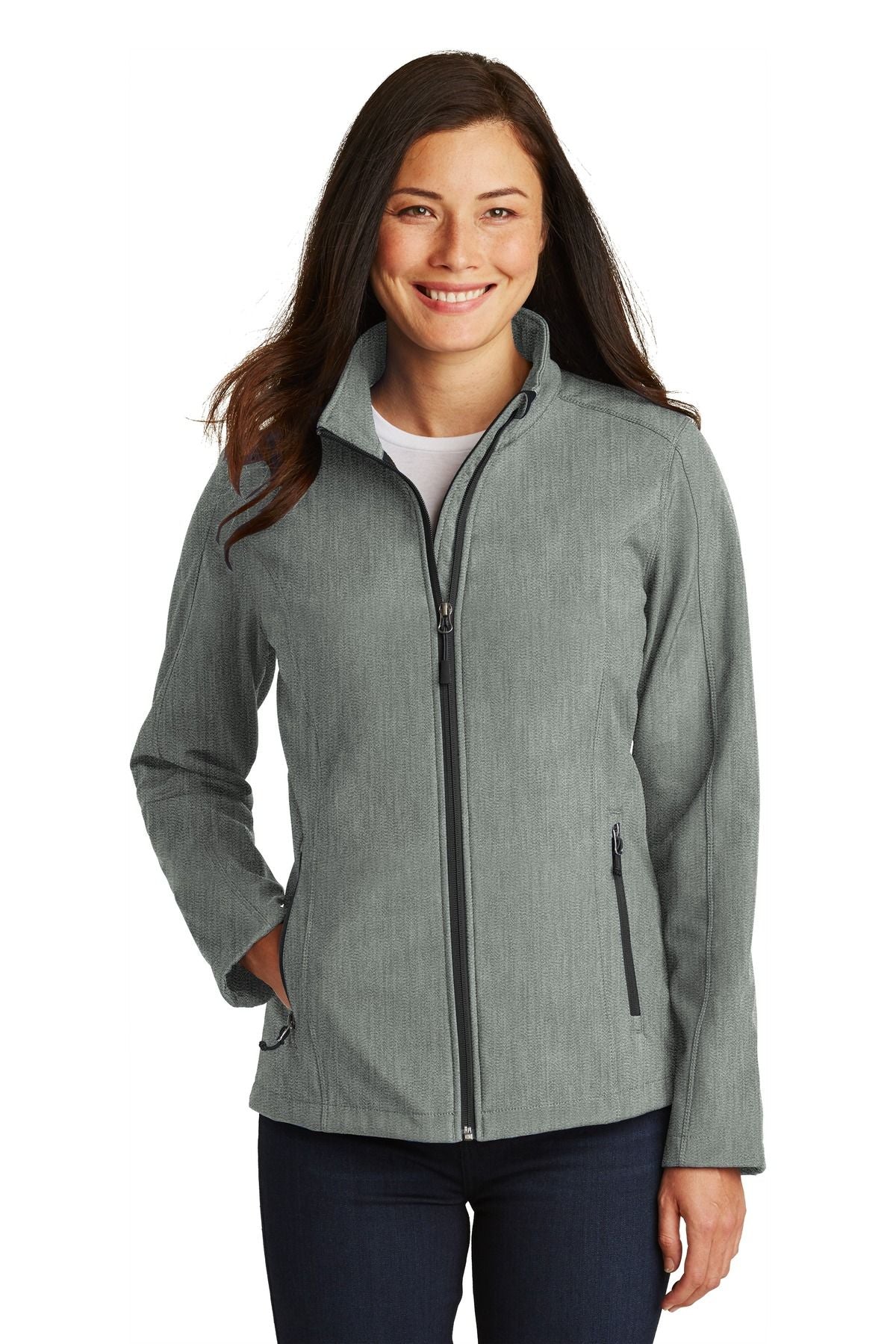 Ladies soft shell jacket, heathered green-gray, full-zip with stand collar and zip pocket