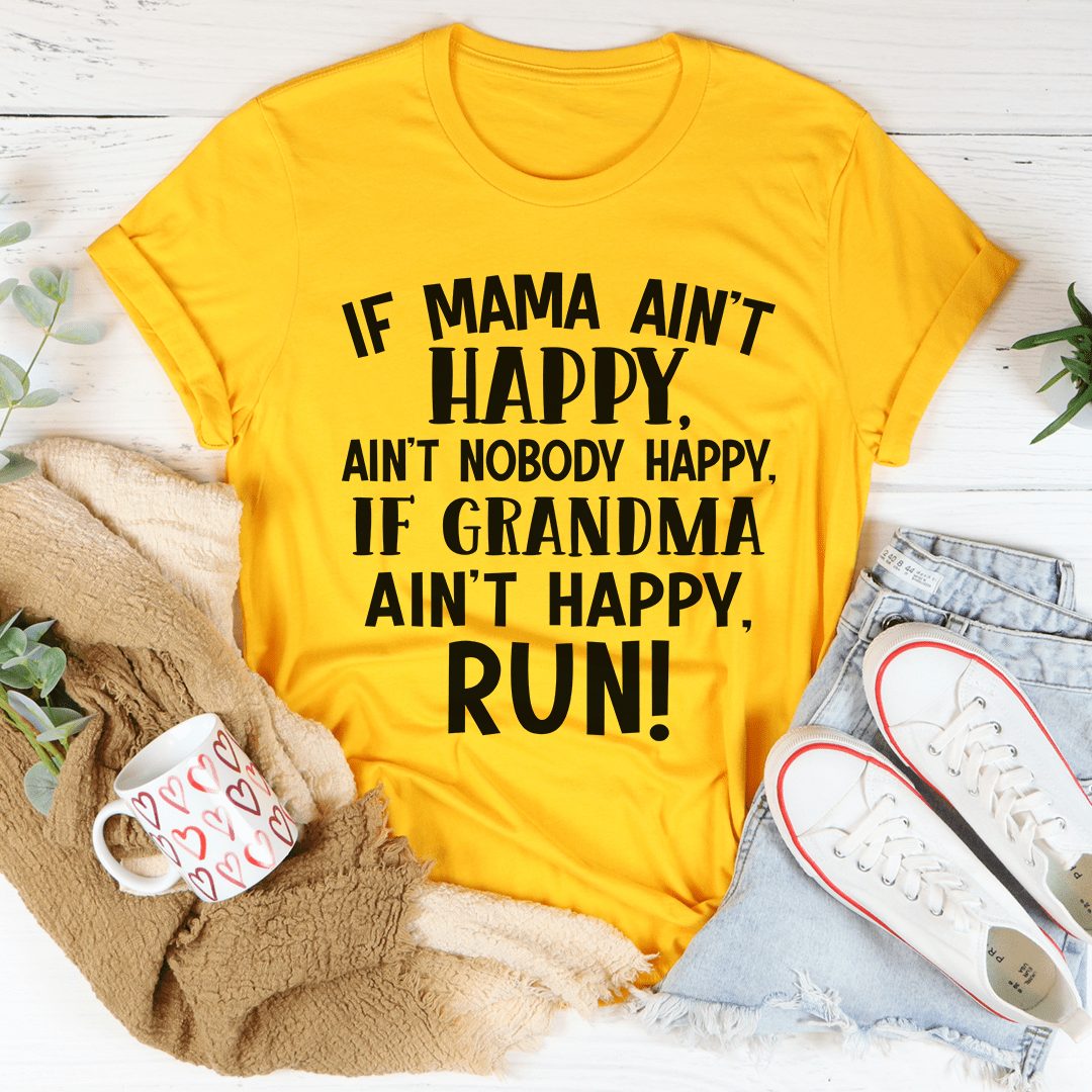 Mustard yellow crewneck T-shirt with front slogan graphic: "If mama ain't happy..."