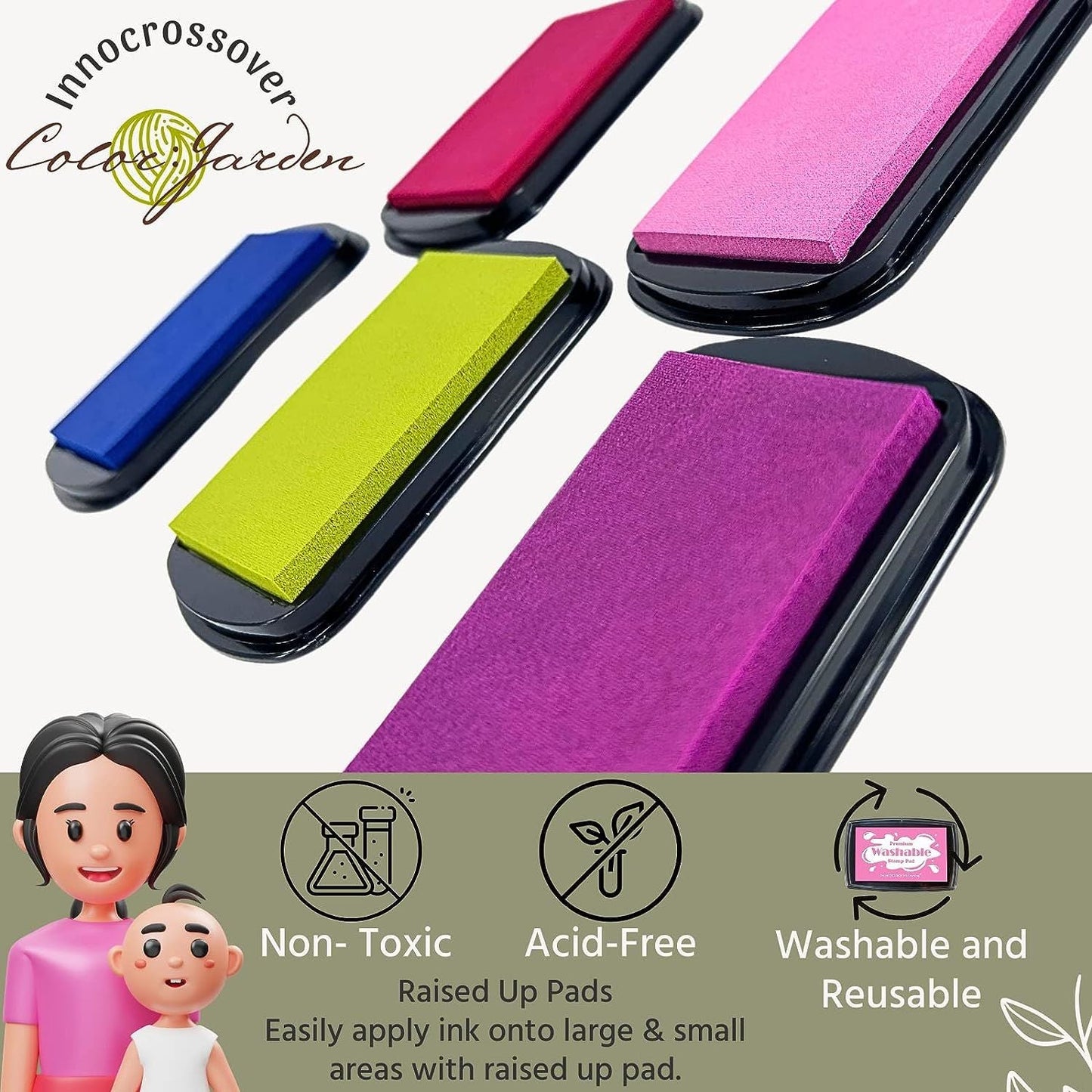 Washable ink stamp pad set with rectangular colored pads in black cases