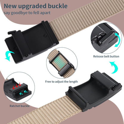 Beige nylon ratchet buckle belt with release button and adjustable length slide