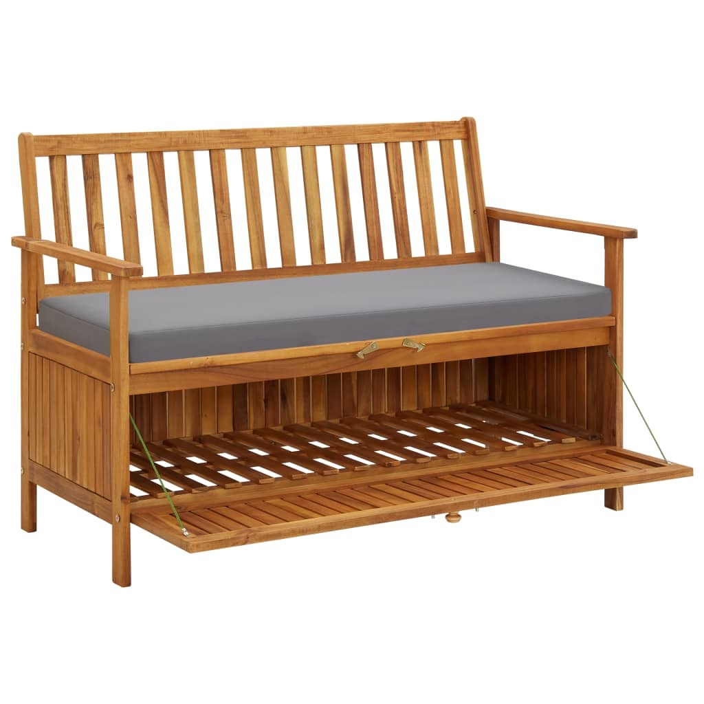 Garden storage bench with gray cushion and open storage compartment with slatted platform