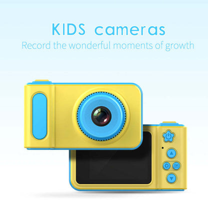 Kids camera with yellow-blue body, large blue lens, and button panel