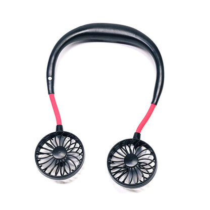 Mini neck fan with cushioned U collar, black body with pink side straps and twin blades
