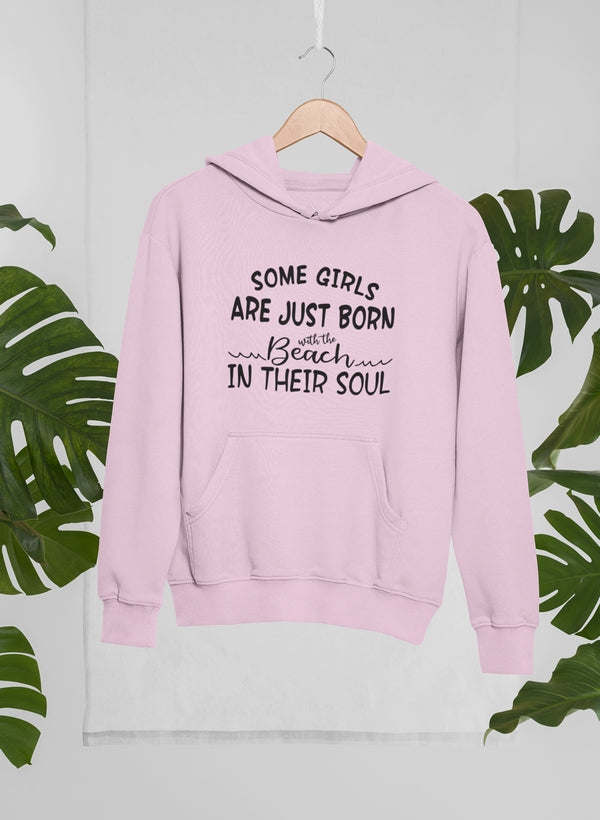 Pink girls hoodie with front pocket and beach soul graphic