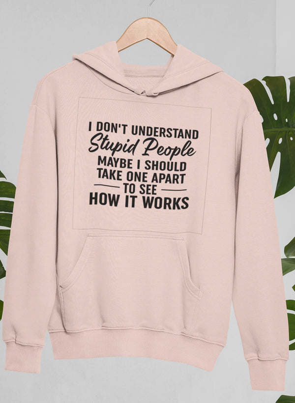 Peach pullover hoodie with kangaroo pocket and black quote graphic