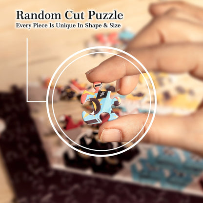 Hands holding a small jigsaw puzzle piece over a completed puzzle