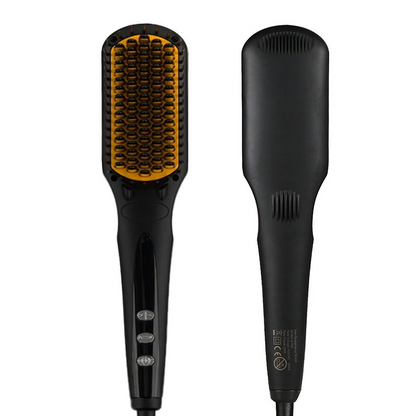 Electric hair straightening brush hot comb with heated barrel and rear vented body