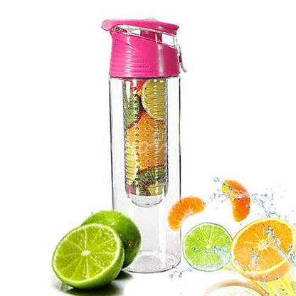 Fruit infuser drink bottle with pink lid and clear body, filled with citrus slices