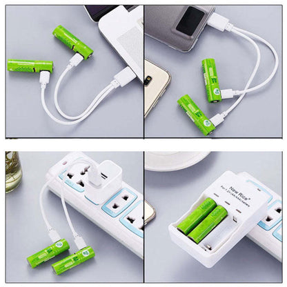 Green rechargeable batteries charging via USB cables connected to a power source