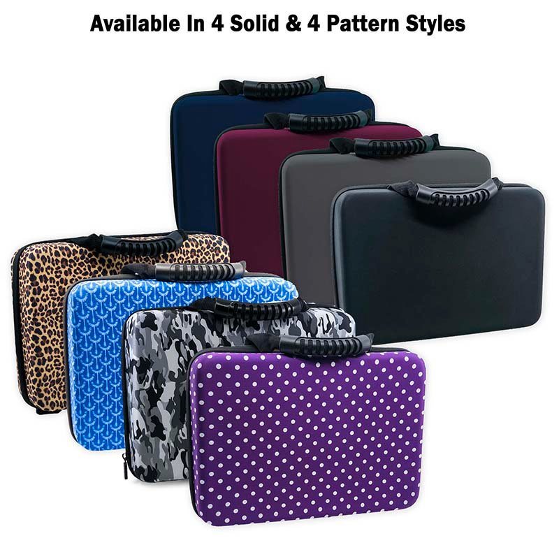 Battery storage cases with solid and patterned designs, shown stacked