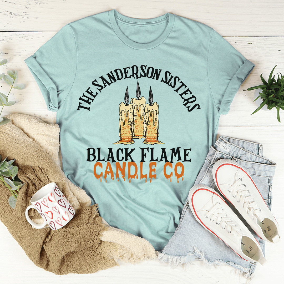 Unisex graphic T-shirt, dusty teal, “Black Flame Candle Co” candle and flame front print