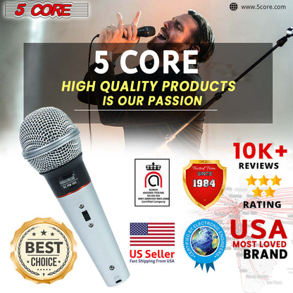 Handheld wired microphone with silver mesh head and light blue handle, angled view.