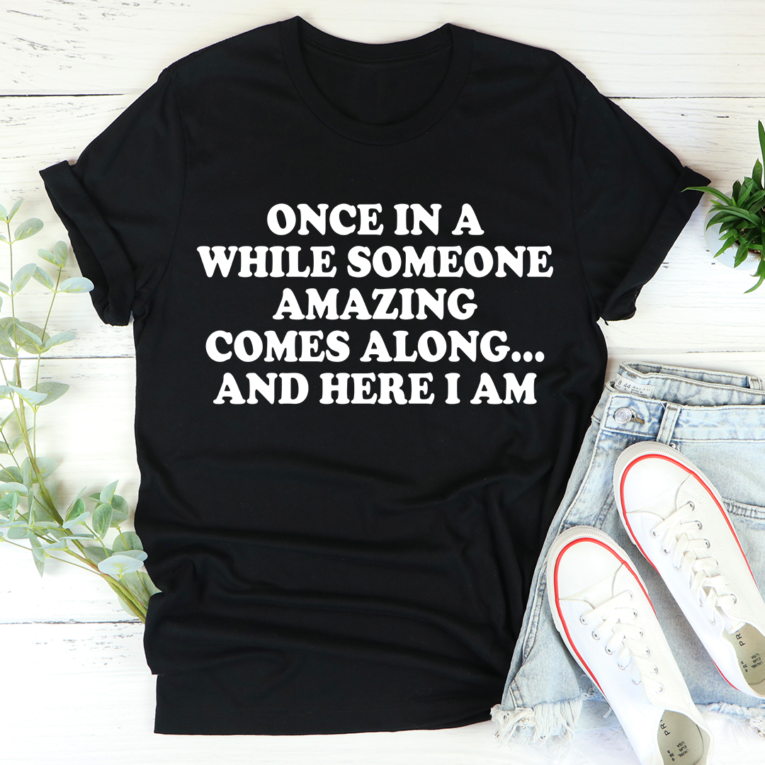 Black crew-neck short-sleeve t-shirt with centered white slogan text graphic