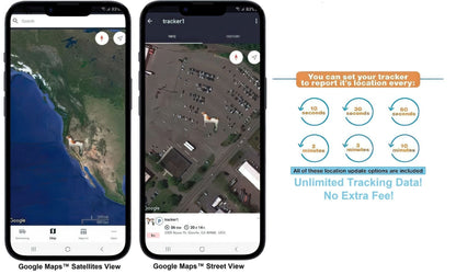 Smartphone screens showing GPS tracking maps for a pet tracker