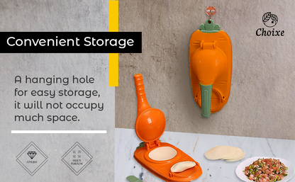 Orange manual dough press with hanging storage loop and crimping mold