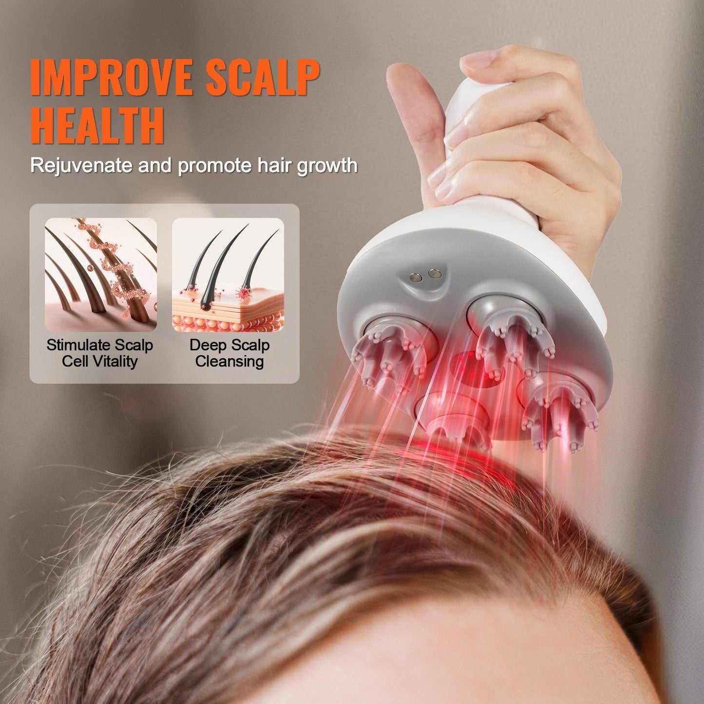 Rechargeable VEVOR Electric Scalp Massager for Hair Growth & Stress Relief, IPX7 Waterproof Design, 8 Removable Heads, Perfect Gift for Mom or Dad