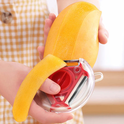 Vegetable and fruit peeler with red and silver blades, peeling a yellow vegetable