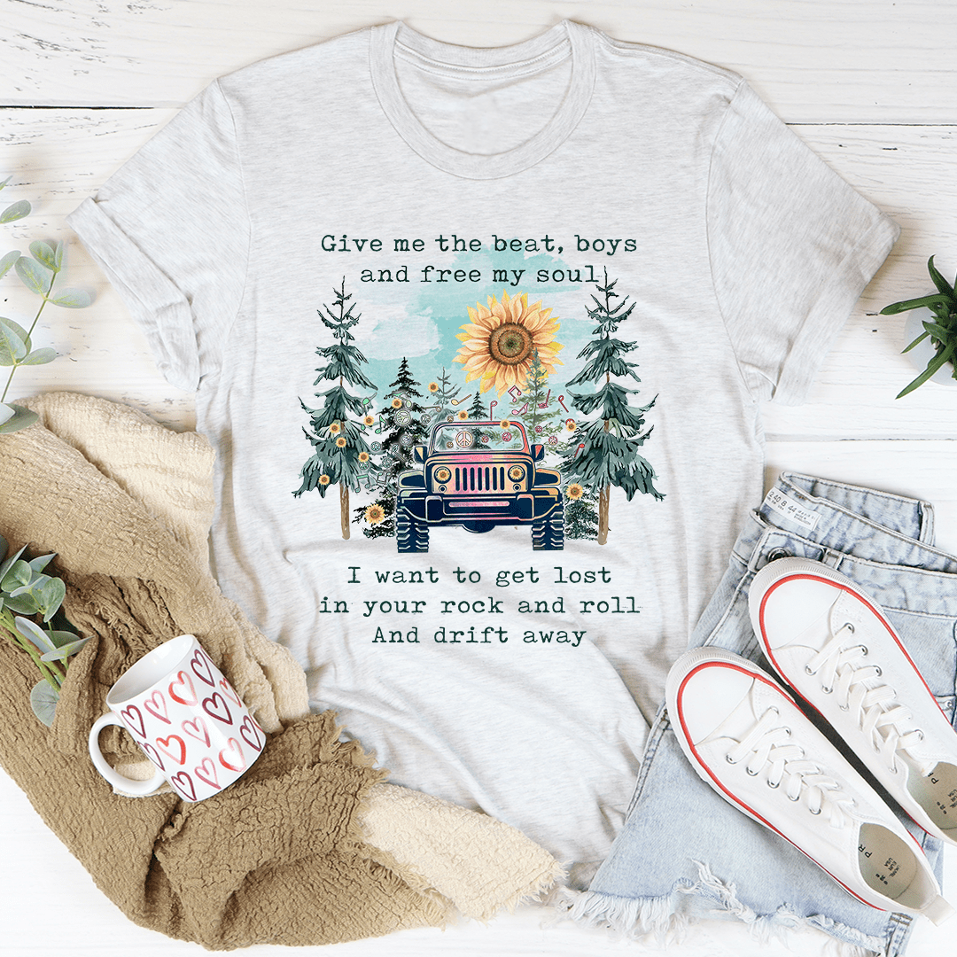 Light gray crewneck graphic tee with centered jeep and sun above pine trees