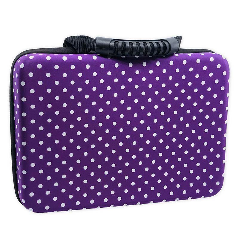 Large battery storage case, purple with white polka dots and black zipper handle