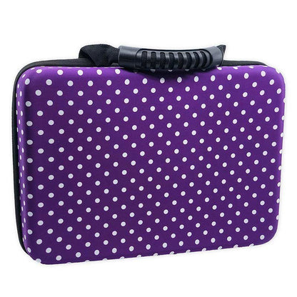 Large battery storage case, purple with white polka dots and black zipper handle
