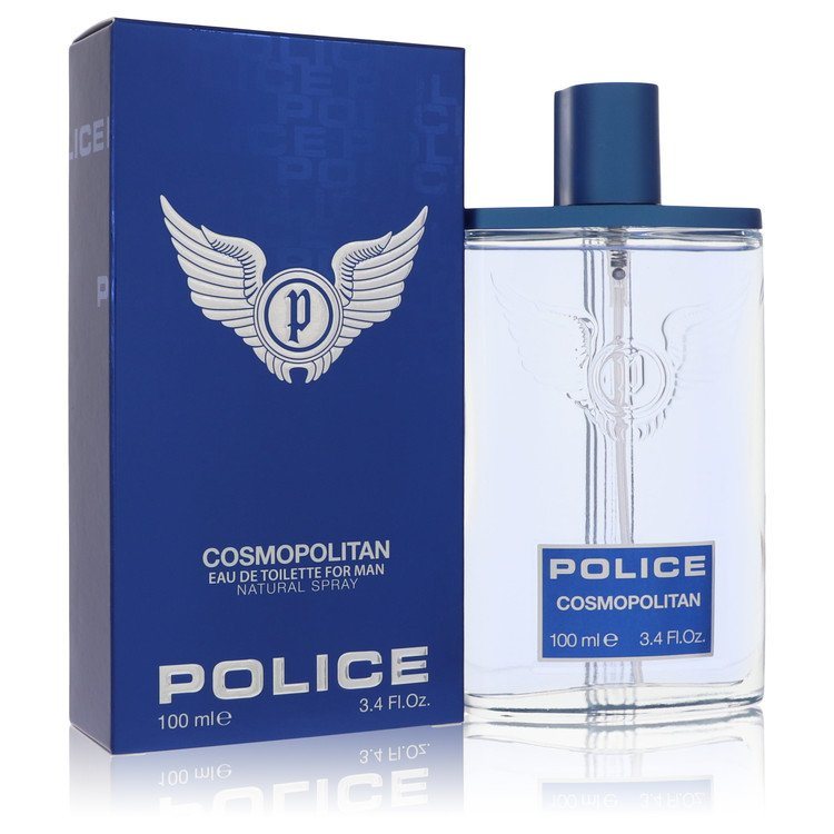 Eau de toilette spray bottle with blue cap and label, shown with blue box