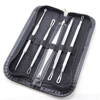 Gray zip pouch holding several silver facial tool tips