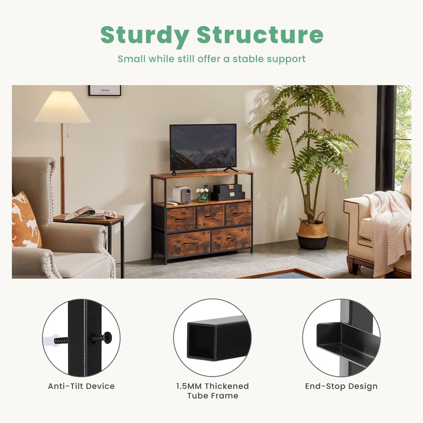 Dresser for Bedroom, Chest of Drawers, 5 Drawer Dresser, Closet Fabric Dresser with Metal Frame tv stand