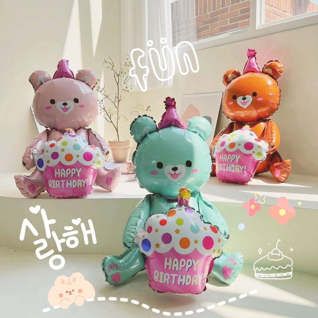 Set of four bear foil balloons: pink, teal, orange, and brown, each with "Happy Birthday"