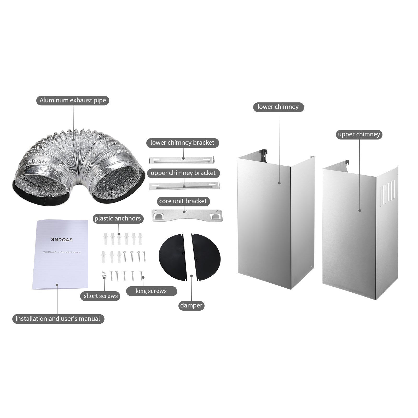 Range hood installation parts kit with duct, brackets, anchors, and manuals