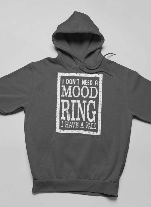 Dark gray pullover hoodie with square-framed front graphic text and white lettering