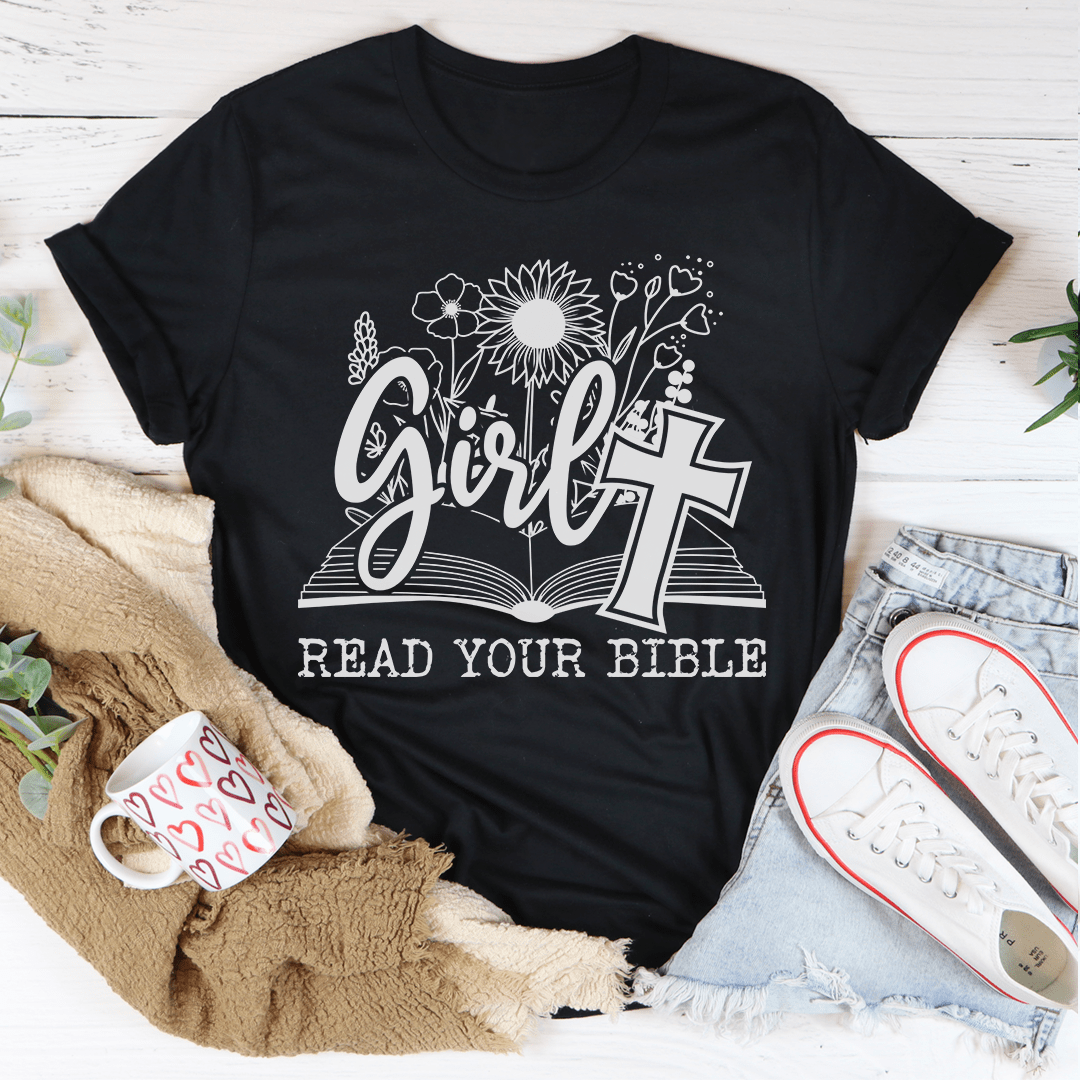 Girl 'Read Your Bible' T-shirt, black, large Girl script with Bible and floral cross