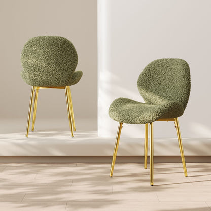Modern minimalist white teddy velvet Dining Chairs Set of 2 with sturdy gold metal legs and comfortable backrest design, suitable for restaurants, kitchens, and offices.