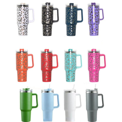 Set of patterned travel water tumblers with handles and straw lids