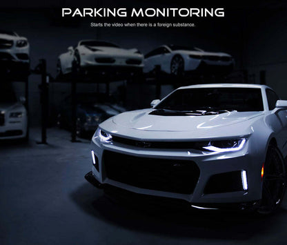 Car front with parking monitoring dashboard camera system, dark scene