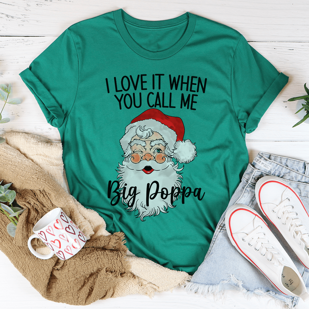 Kelly green T-shirt with Santa graphic and 'Big Poppa' text.