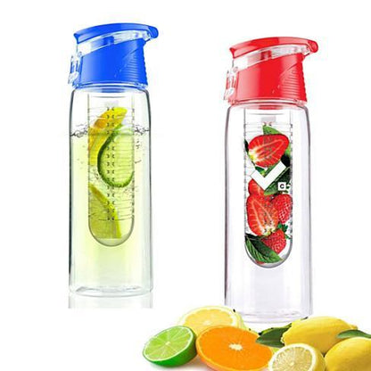 Fruit infuser drink bottle with blue cap; clear body with lime slices