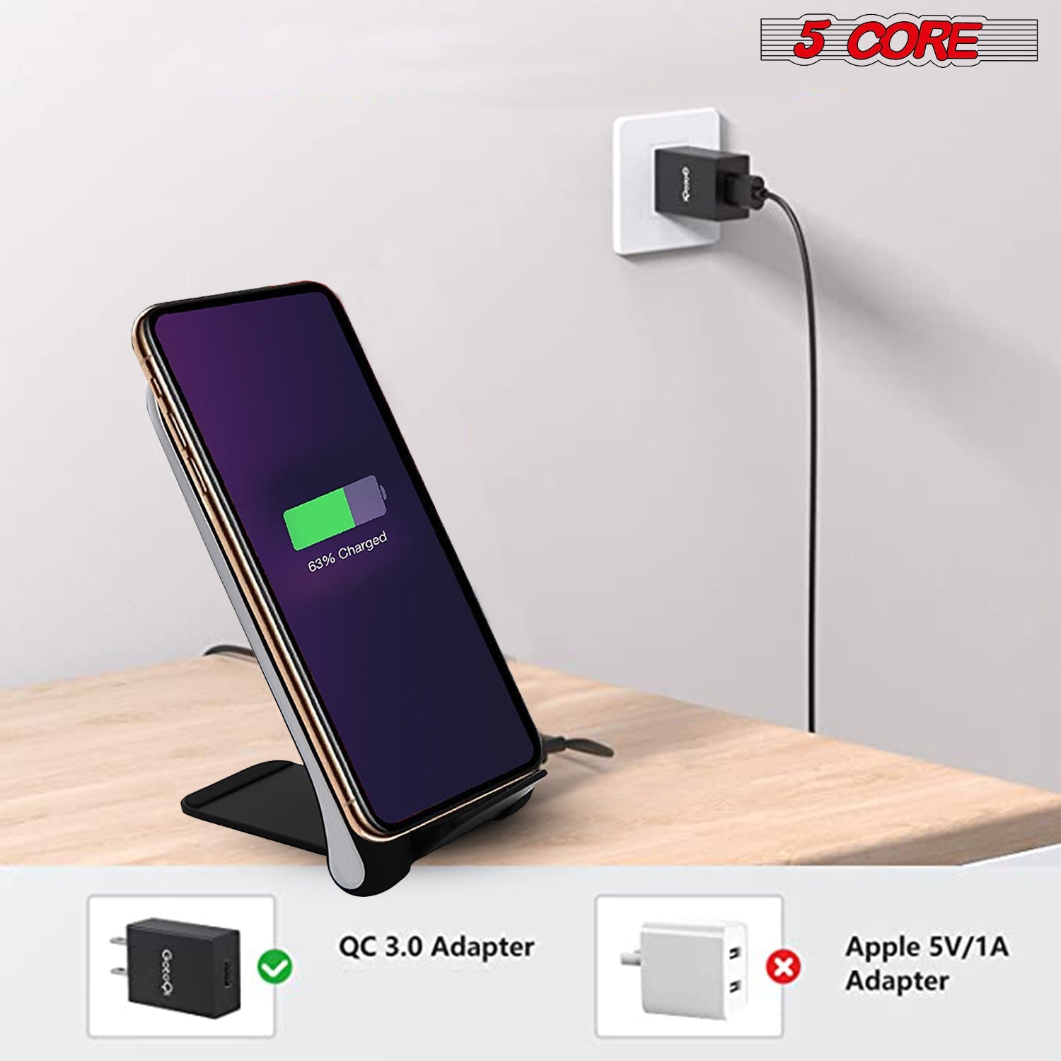 Wireless charging dock stand with smartphone on desk and plug-in adapter
