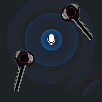 Black wireless Bluetooth earbuds with red touch lights, charging icon nearby