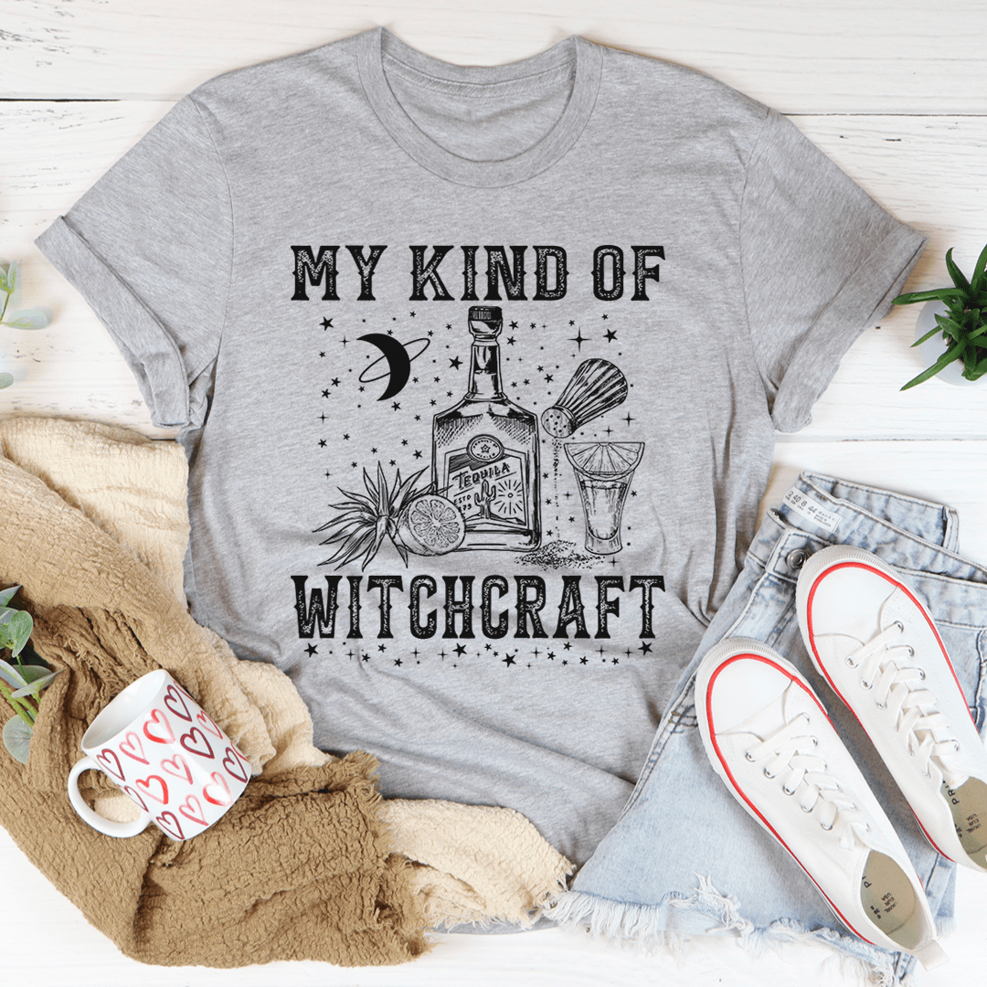 Heather gray crew-neck T-shirt with witchcraft graphic and moon bottle design