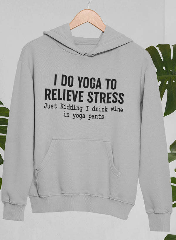 Heather gray yoga hoodie showing chest print and kangaroo pocket, hood with drawcord
