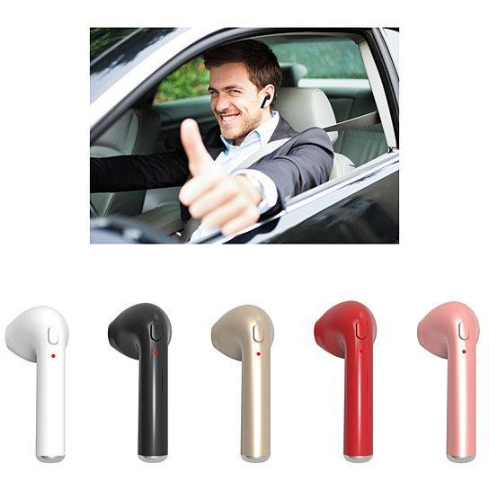 Wireless earbuds set shown with a person wearing a black earbud in a car