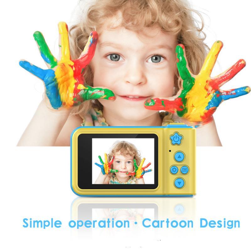 Kids mini digital video camera, yellow body with front lens and side buttons