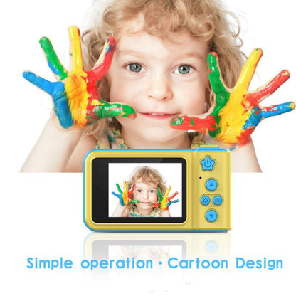 Kids mini digital video camera, yellow body with front lens and side buttons