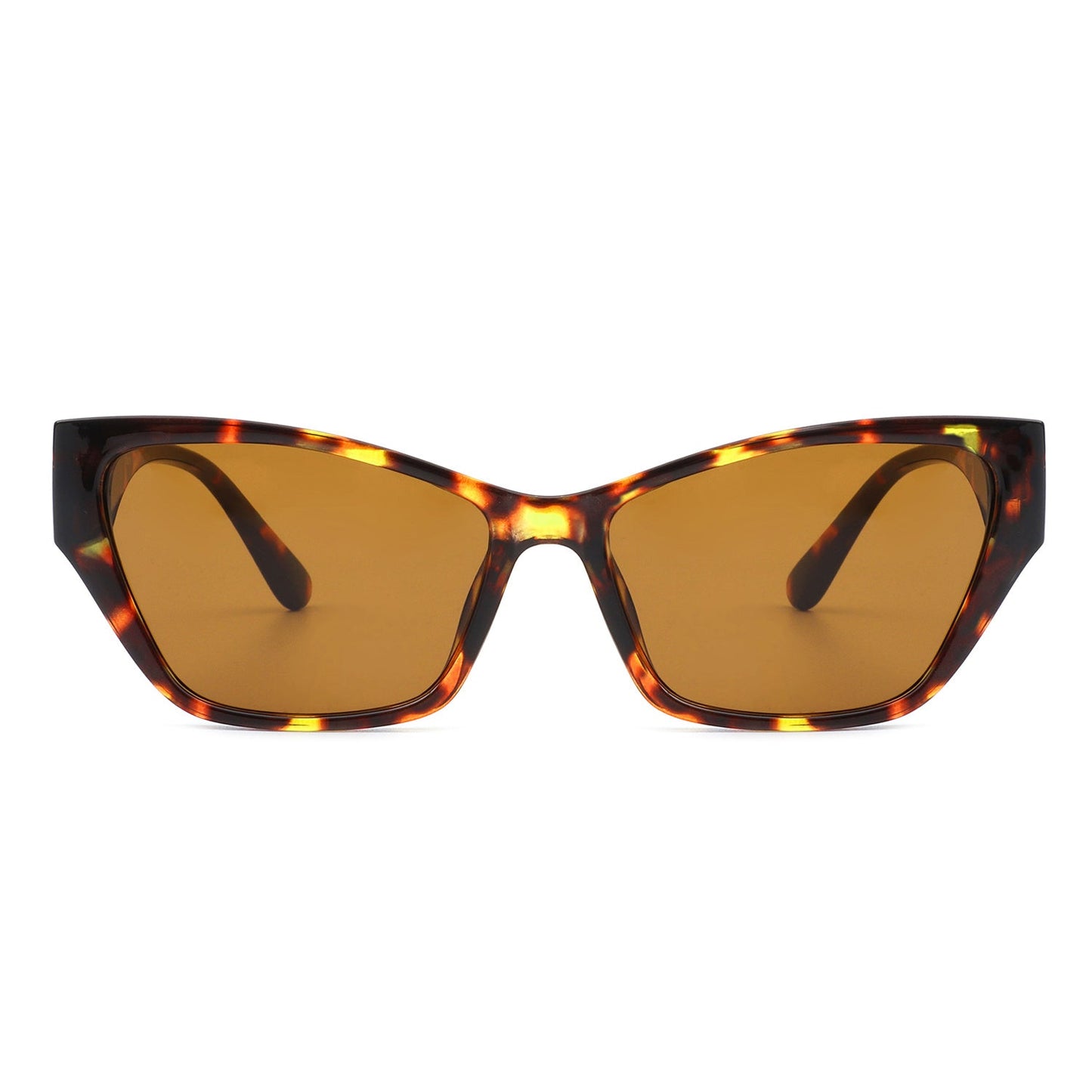 Square retro cat-eye sunglasses, tortoise frame, amber tinted lenses, front view