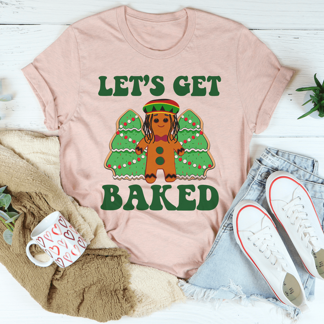 Peach T-shirt: green 'Let's Get Baked' gingerbread graphic