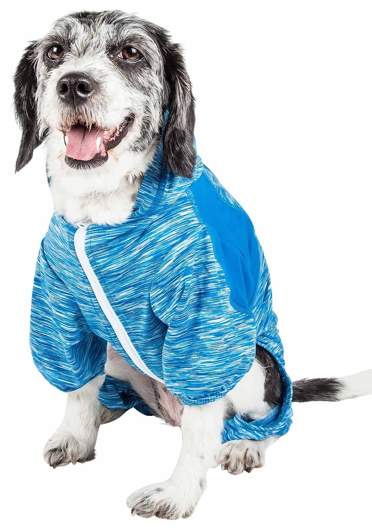 Two-tone blue dog hoodie with hood, front kangaroo pocket, and white drawcord ties