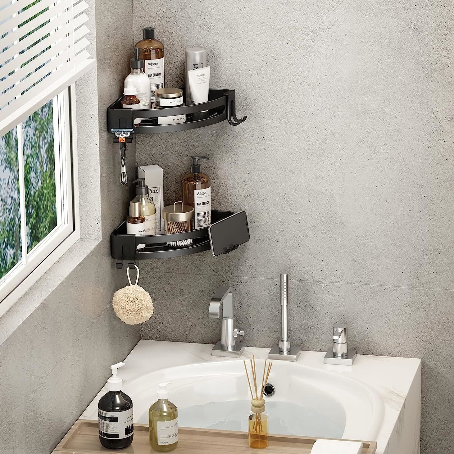 Black corner shower shelf caddy set with two tiers and side hooks, no-drill mounting