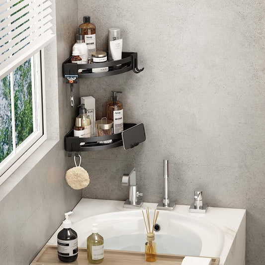 Black corner shower shelf caddy set with two tiers and side hooks, no-drill mounting