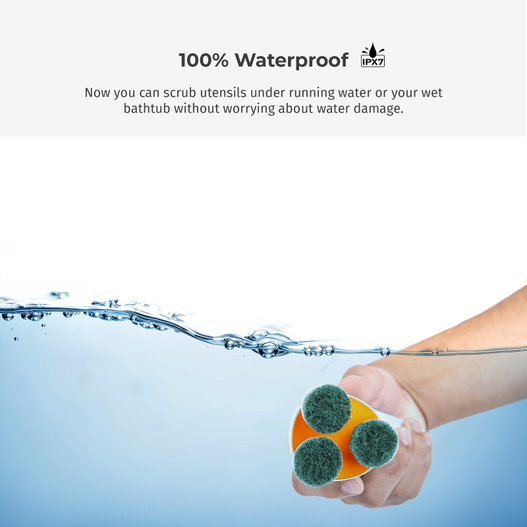 Waterproof cordless spin scrub brush with three green pads held under water