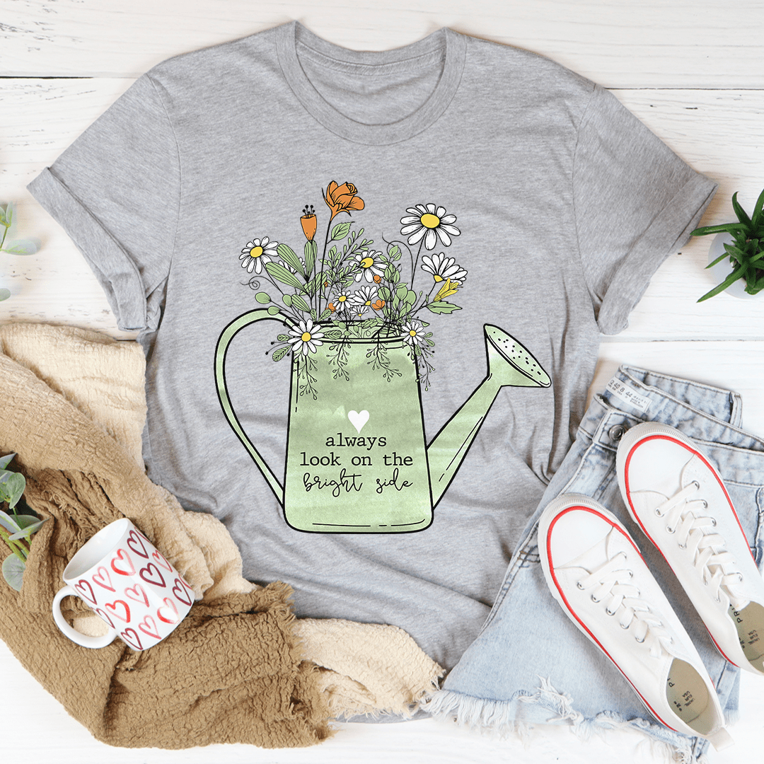 Heather gray graphic t-shirt with floral watering-can, arrow, and 'bright side' quote